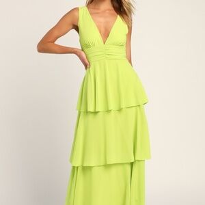 Lulus Celebration Time Lime Green Sleeveless Tiered Midi Dress - Size S
